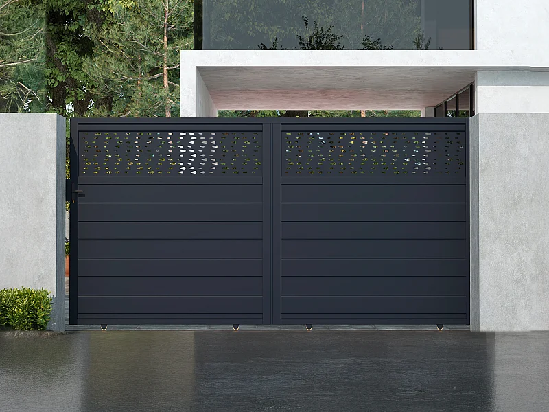 Portail coulissant aluminium semi plein à motifs L374 x H180 cm - anthracite - BAZIO