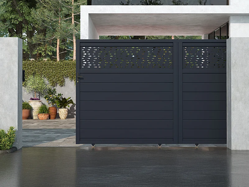 Portail coulissant aluminium semi plein à motifs L374 x H180 cm - anthracite - BAZIO