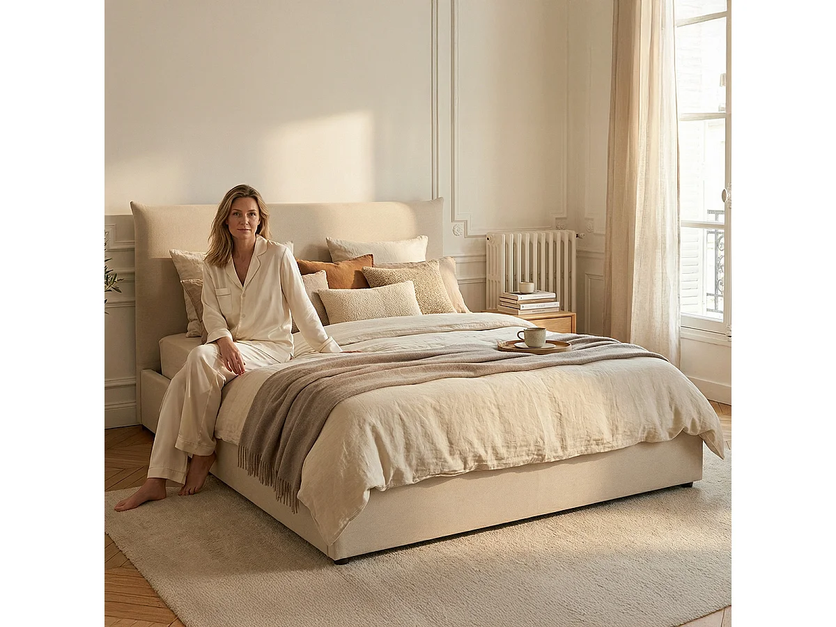 Lit coffre Opéra effet lin beige 180x200 cm