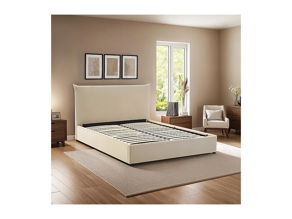 Lit coffre Opéra effet lin beige 140x190 cm