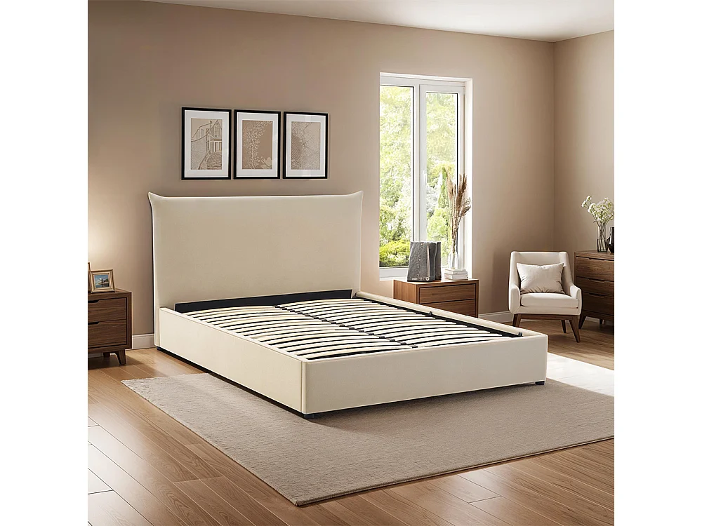 Lit coffre Opéra effet lin beige 140x190 cm