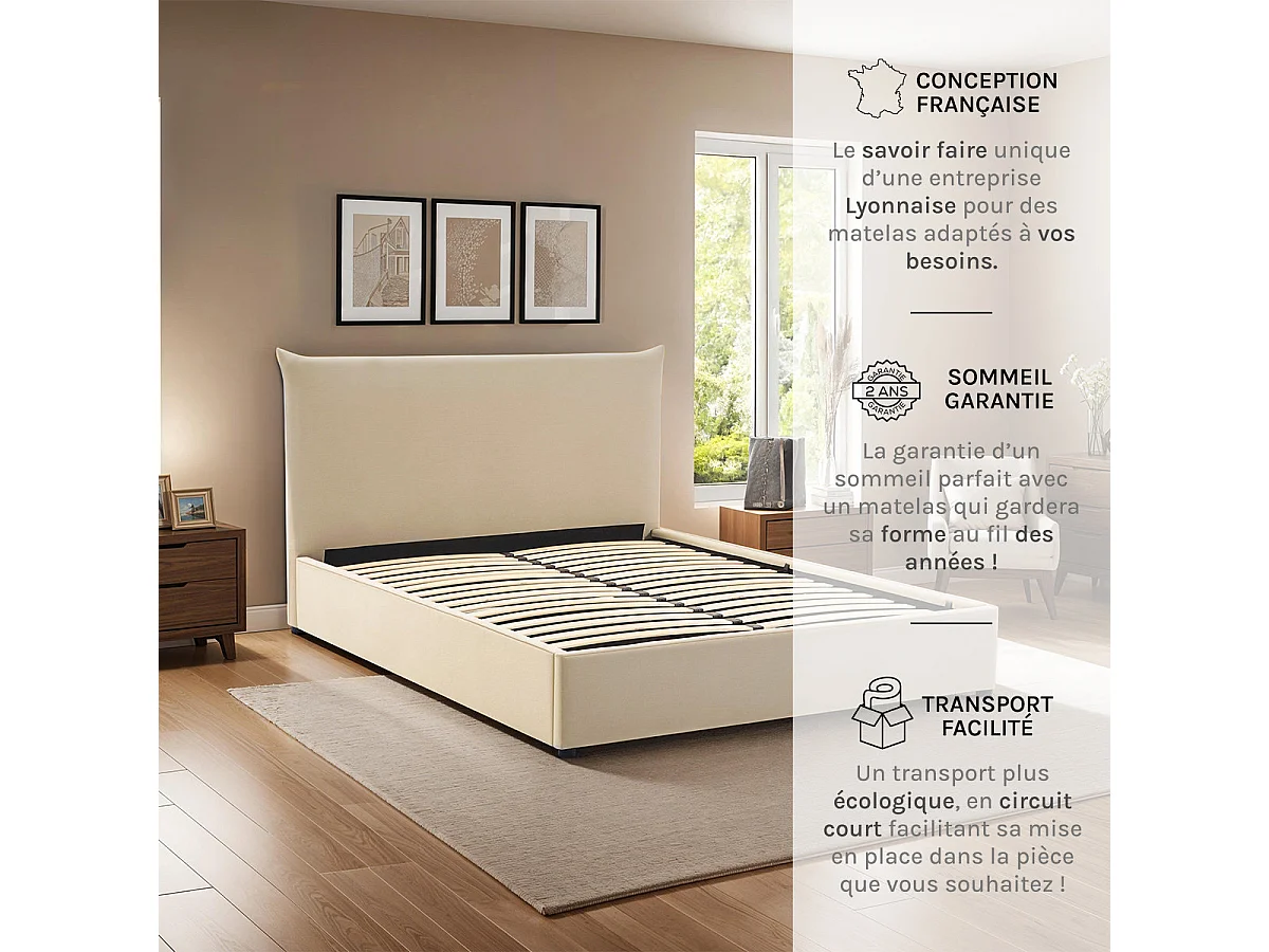 Lit coffre Opéra effet lin beige 140x190 cm