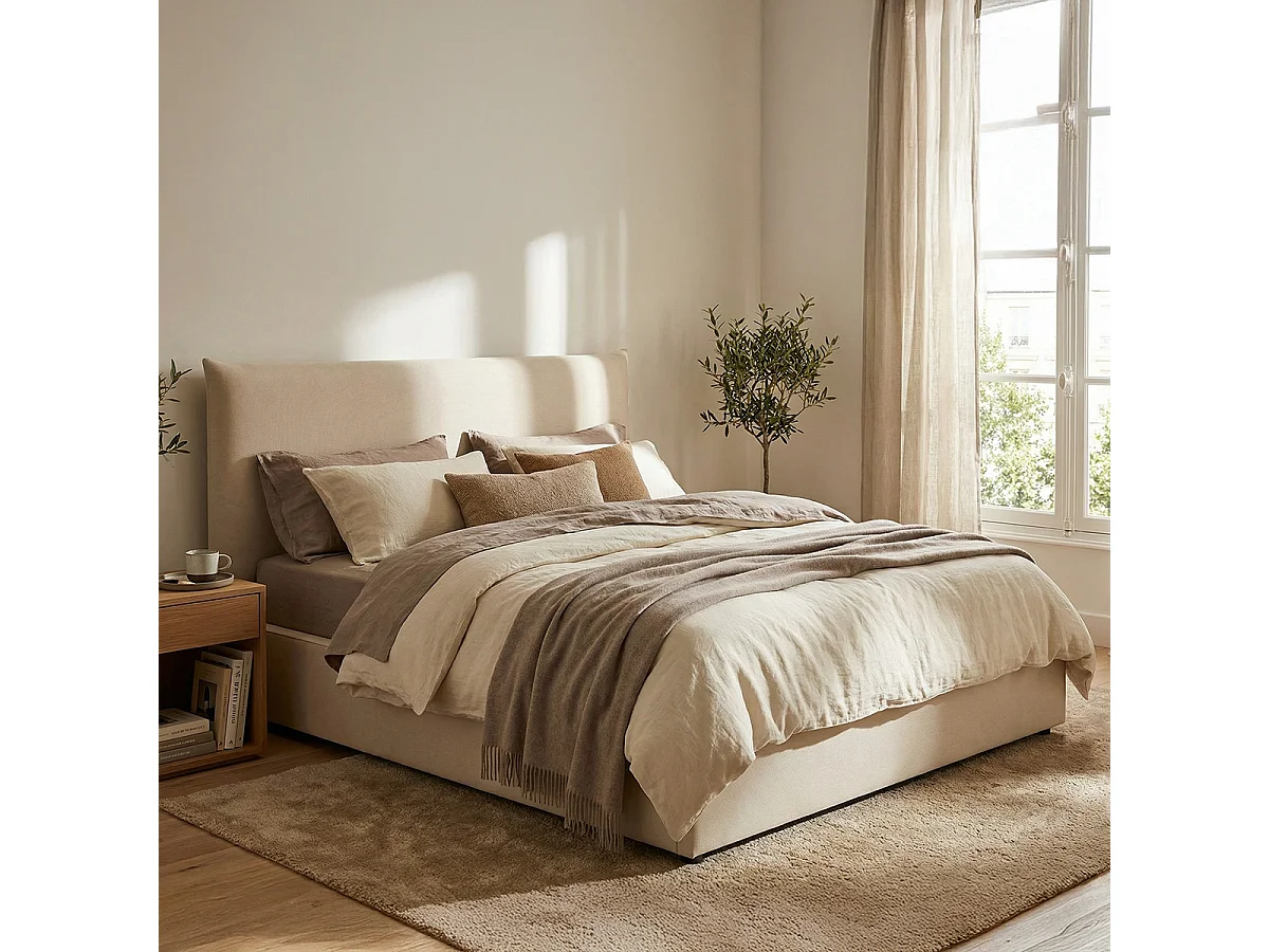 Lit coffre Opéra effet lin beige 140x200 cm