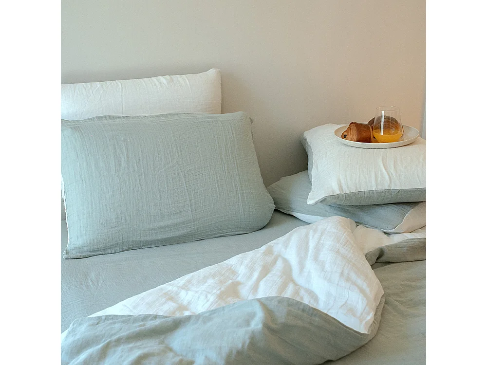 Housse de couette réversible gaze de coton vert sauge/écru 220x240 cm