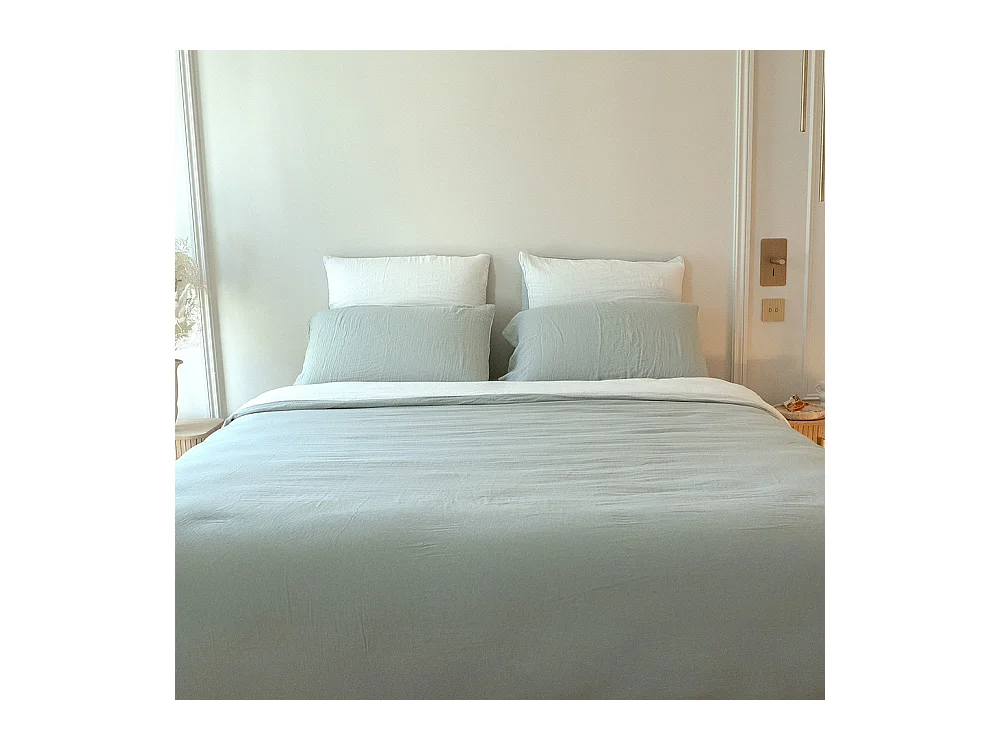 Housse de couette réversible gaze de coton vert sauge/écru 240x260 cm
