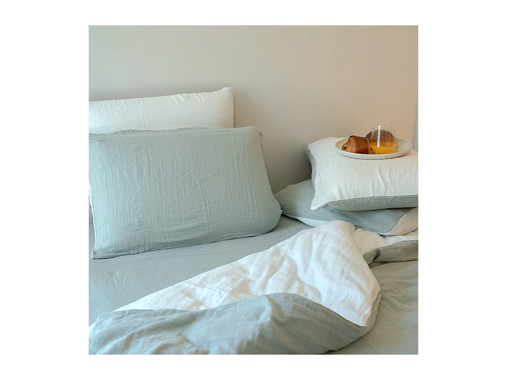 Housse de couette réversible gaze de coton vert sauge/écru 240x260 cm