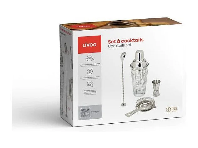 Set a cocktails - LIVOO - GS156 - 400 ml - Acier inoxydable - 1 shaker, 1 doseur, 1 cuillere, 1 passoire - Double graduation