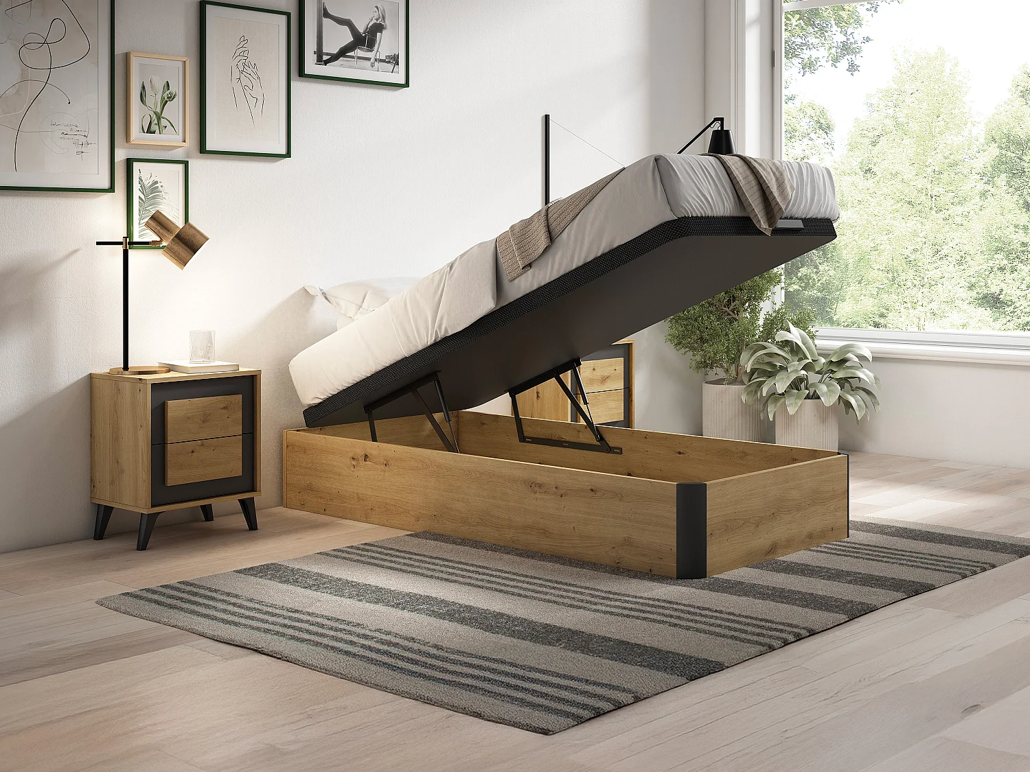 Rete contenitore 90 x 190 cm Naturale chiaro e Nero - NAMOSI di YSMÉE