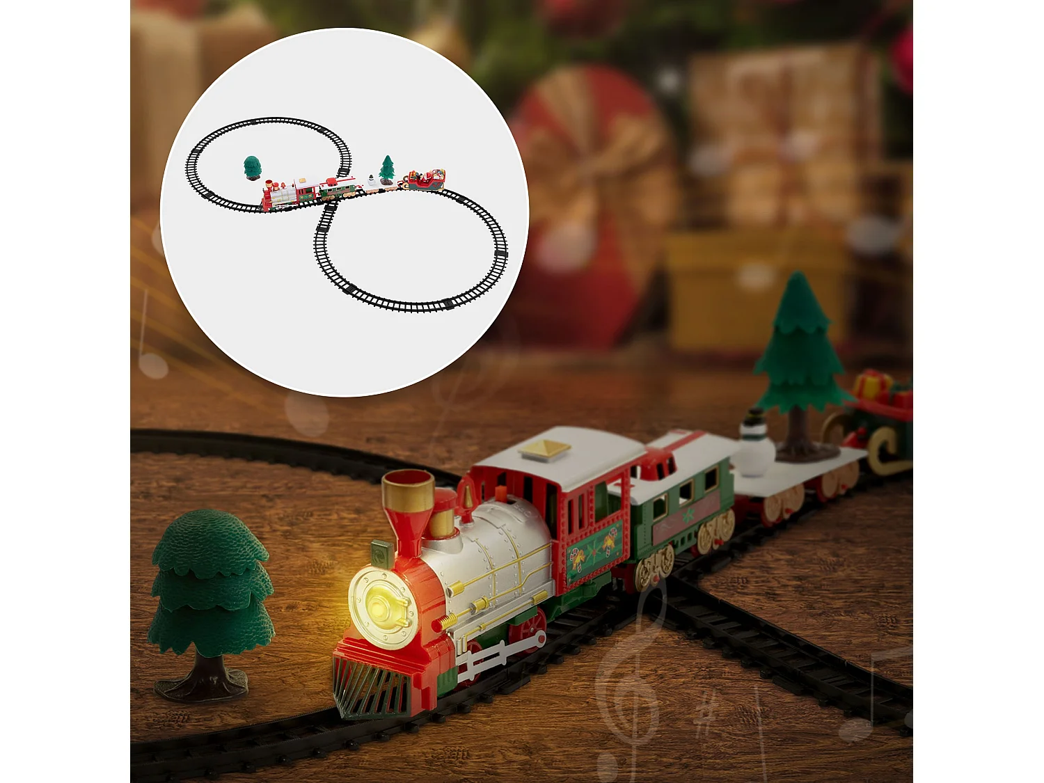 ECD Germany Tren de Navidad para árbol 22 piezas con locomotora, 3 vagones, vías, luz y sonido, función a pilas, ferrocarril de juguete para regalo