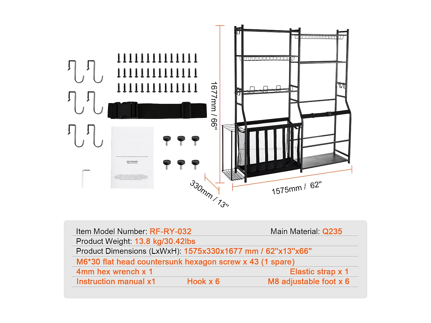 Organisateur de Rangement de Golf SucceBuy, Support pour 2 Sacs, Chariot pour Clubs et Balles pour Garage, Noir