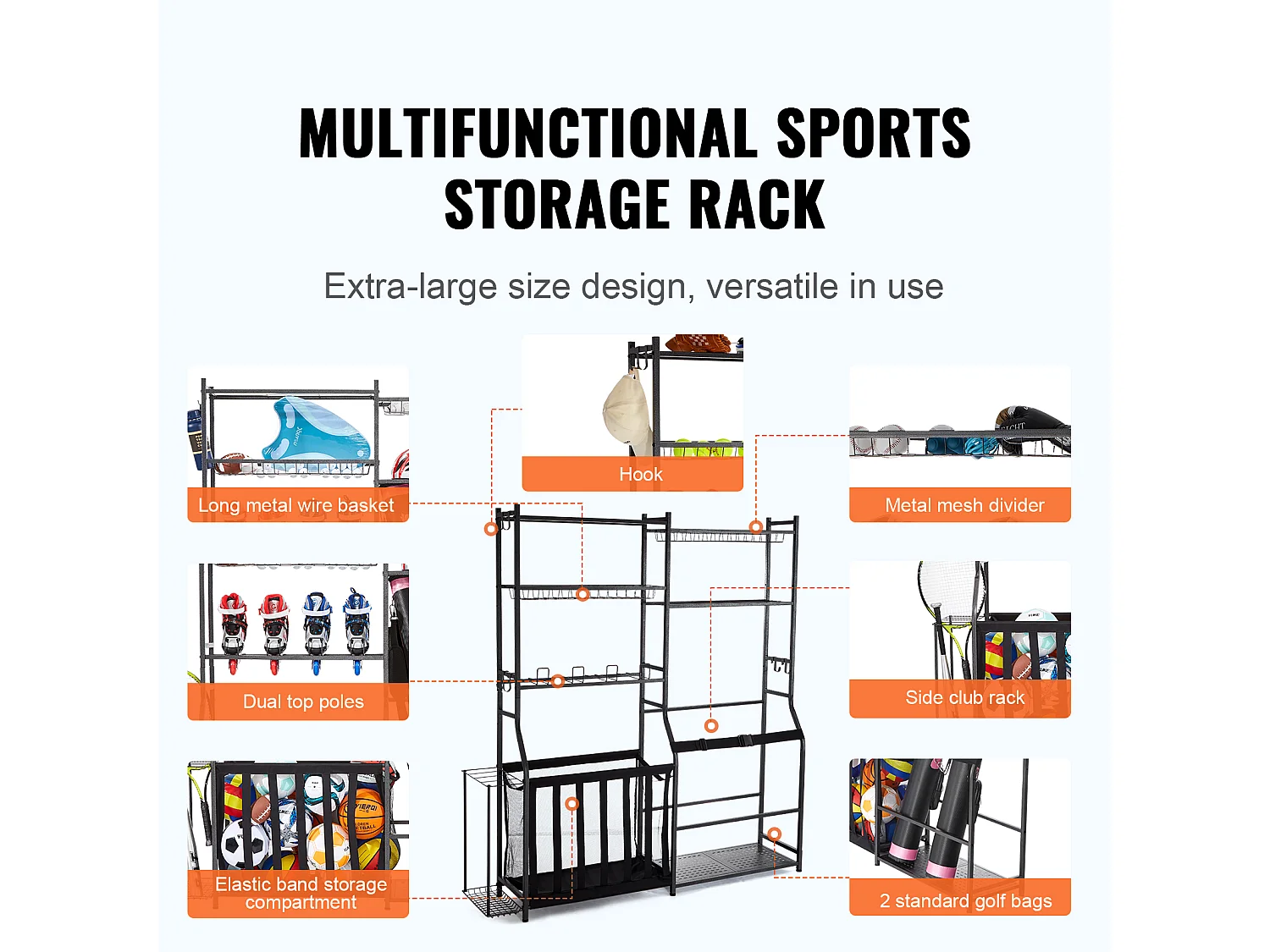 Organisateur de Rangement de Golf SucceBuy, Support pour 2 Sacs, Chariot pour Clubs et Balles pour Garage, Noir