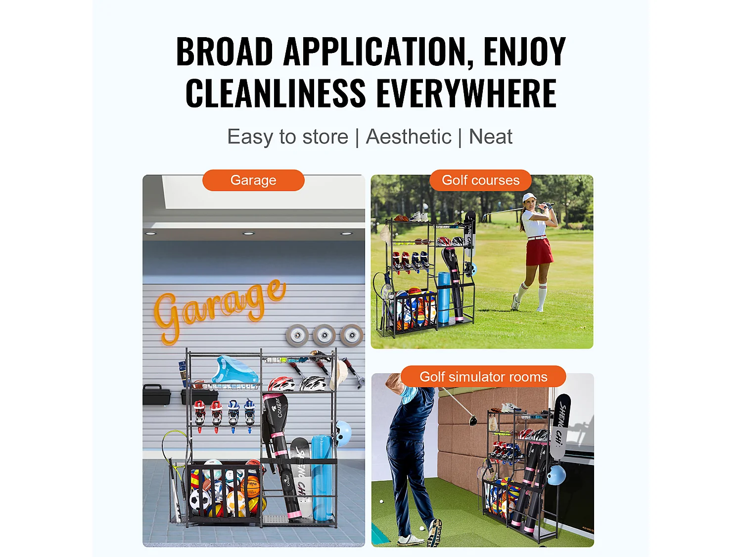 Organisateur de Rangement de Golf SucceBuy, Support pour 2 Sacs, Chariot pour Clubs et Balles pour Garage, Noir