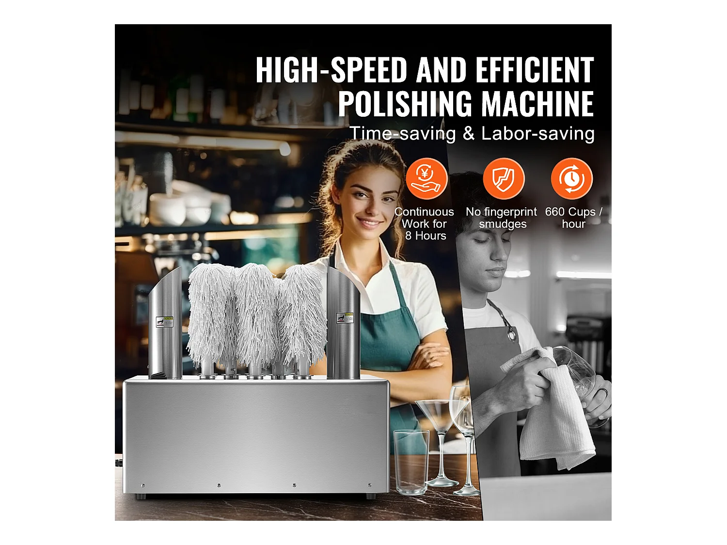 Polissoir à Verres à Vin SucceBuy, 8 Brosses, 660 Tasses/h, pour Bar et Restaurant
