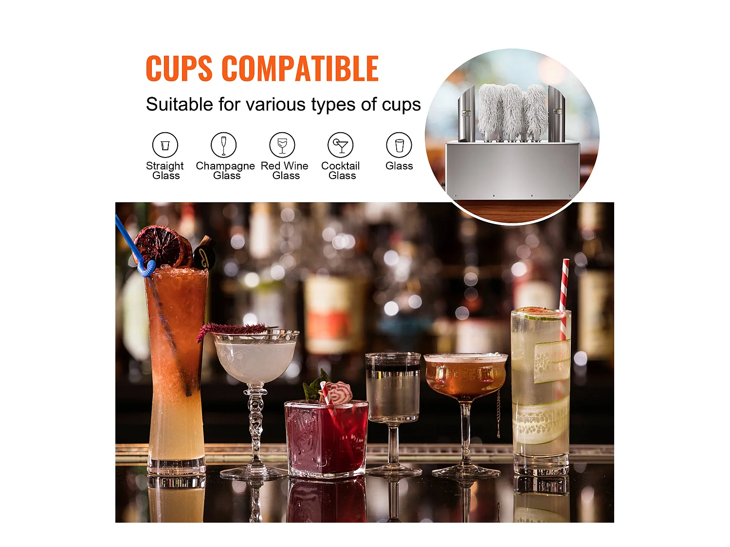 Polissoir à Verres à Vin SucceBuy, 8 Brosses, 660 Tasses/h, pour Bar et Restaurant