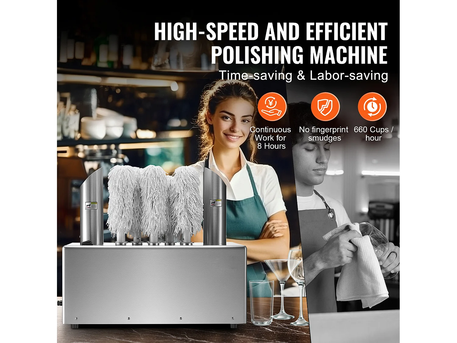 Polissoir à Verres à Vin SucceBuy, 8 Brosses, 660 Tasses/h, pour Bar et Restaurant
