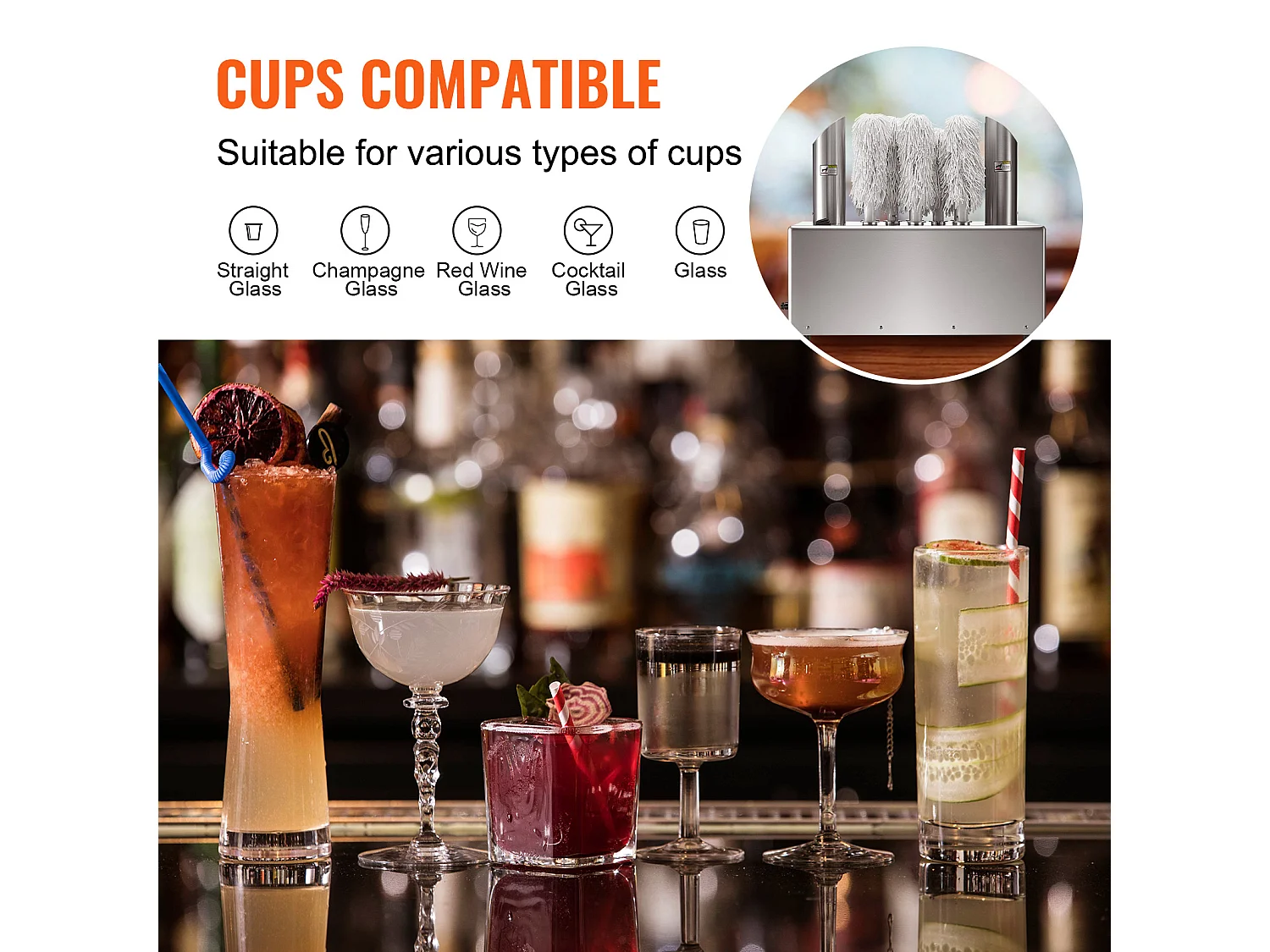Polissoir à Verres à Vin SucceBuy, 8 Brosses, 660 Tasses/h, pour Bar et Restaurant