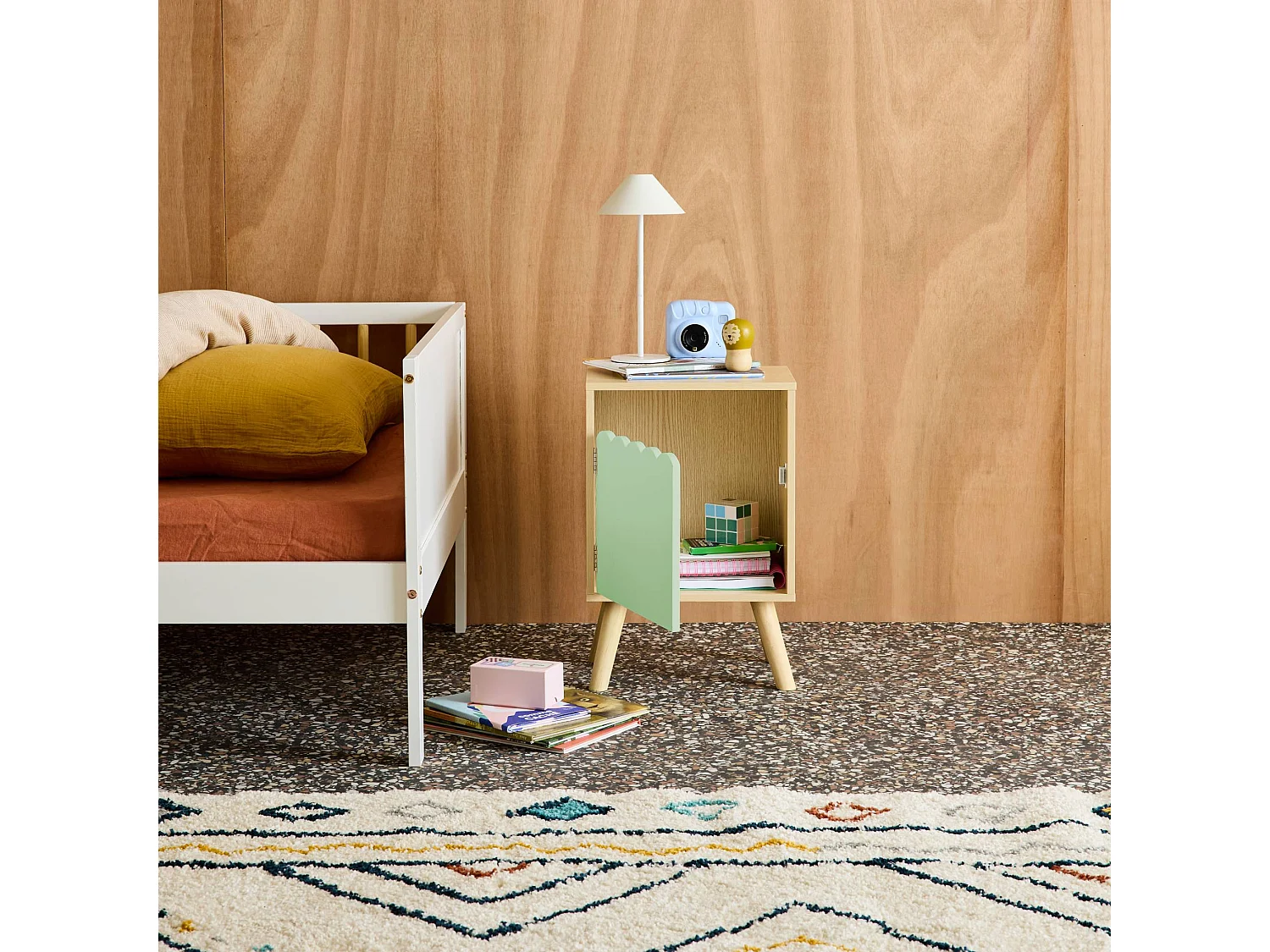 Comodino per bambini decorazione legno 1 anta, verde
