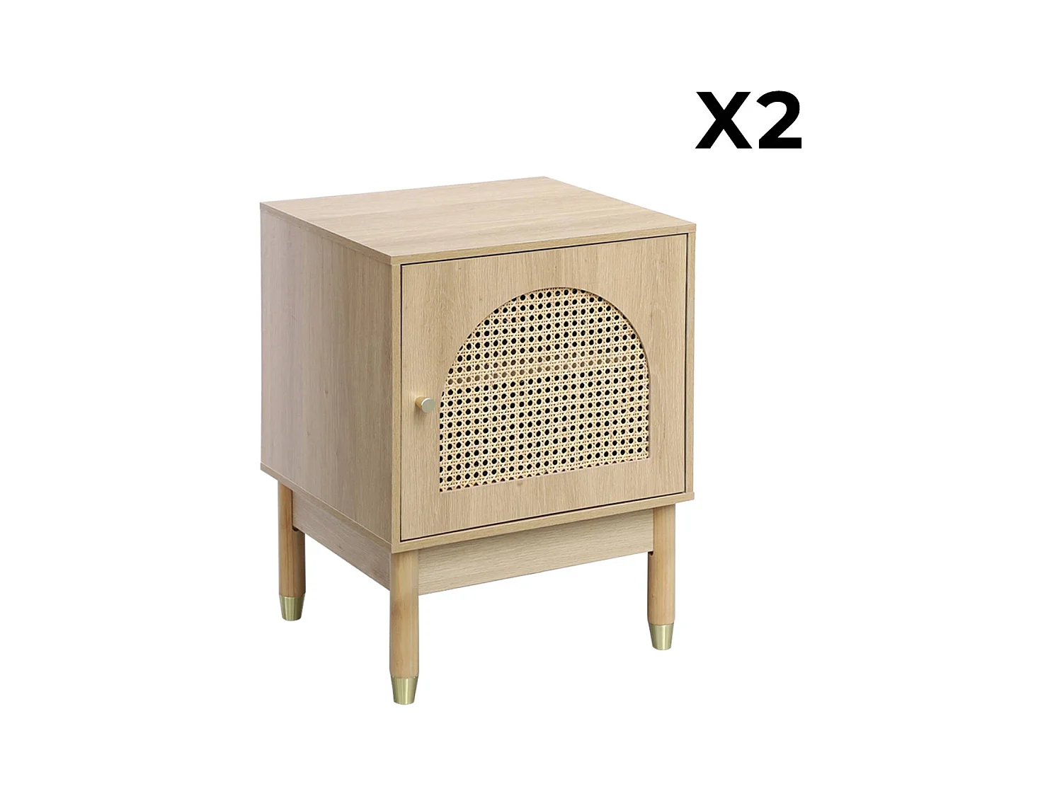 Lot de 2 tables de chevet bohème bois et cannage naturel 1 porte 45 x 40 x 60 cm - Judith