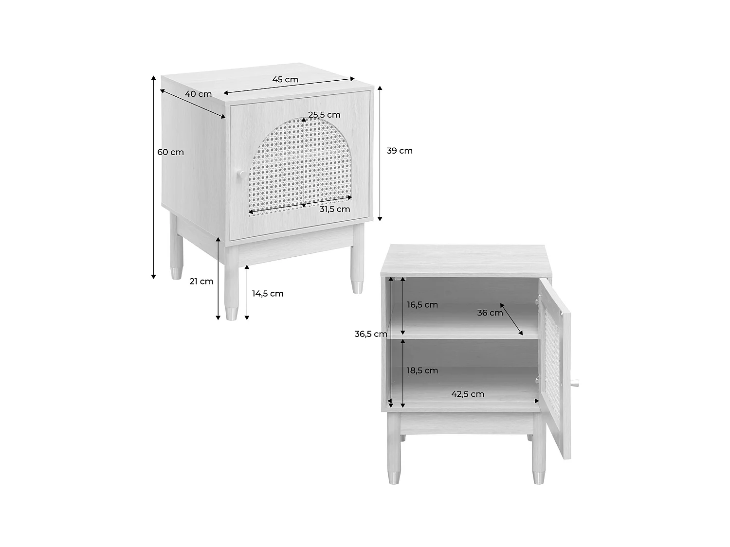 Lot de 2 tables de chevet bohème bois et cannage naturel 1 porte 45 x 40 x 60 cm - Judith