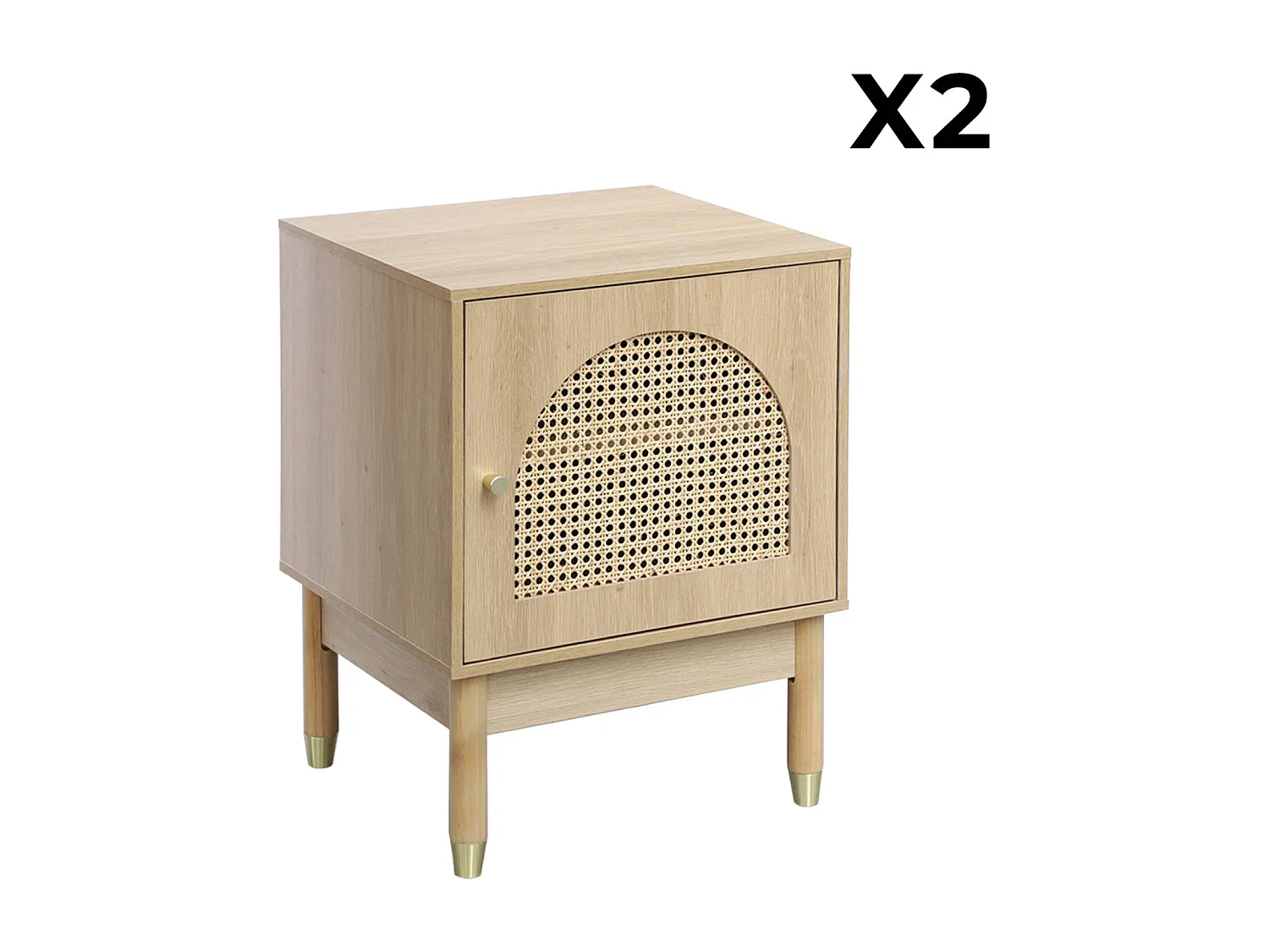 Lot de 2 tables de chevet bohème bois et cannage naturel 1 porte 45 x 40 x 60 cm - Judith