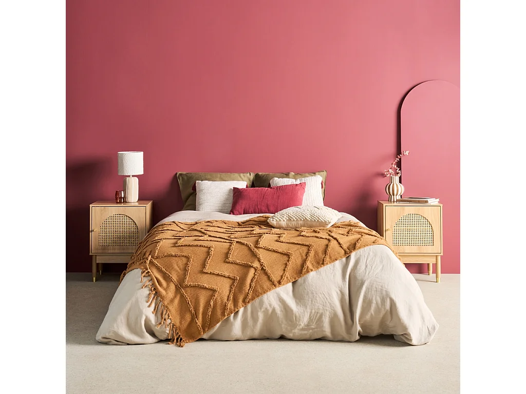 Lot de 2 tables de chevet bohème bois et cannage naturel 1 porte 45 x 40 x 60 cm - Judith