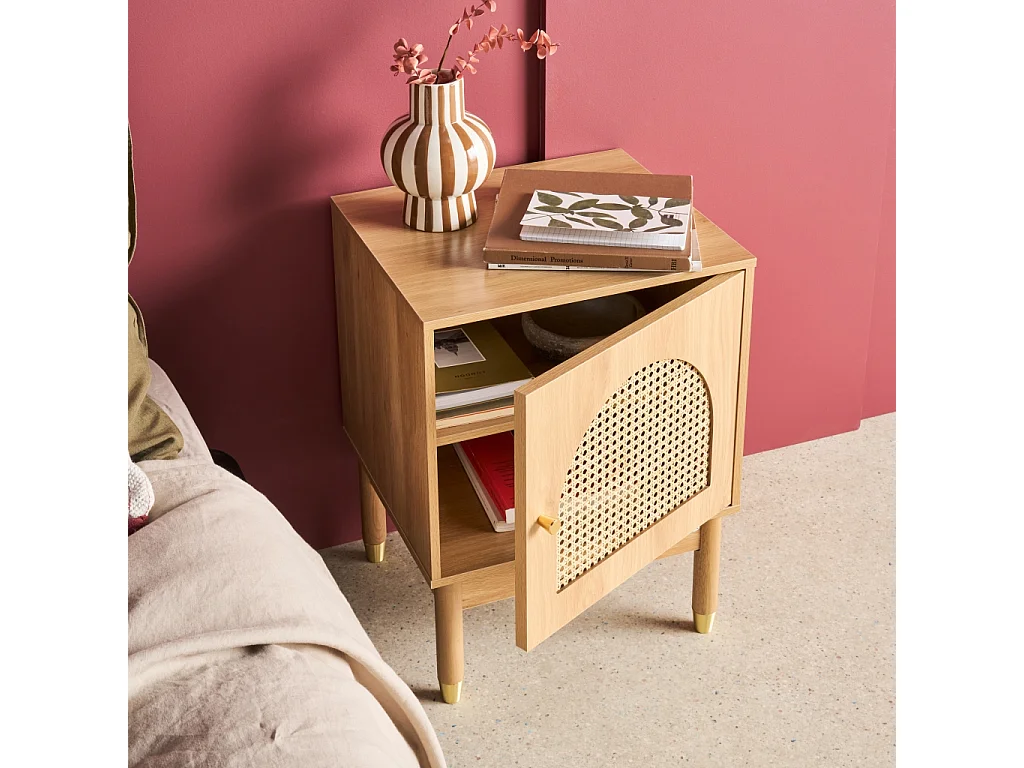 Lot de 2 tables de chevet bohème bois et cannage naturel 1 porte 45 x 40 x 60 cm - Judith