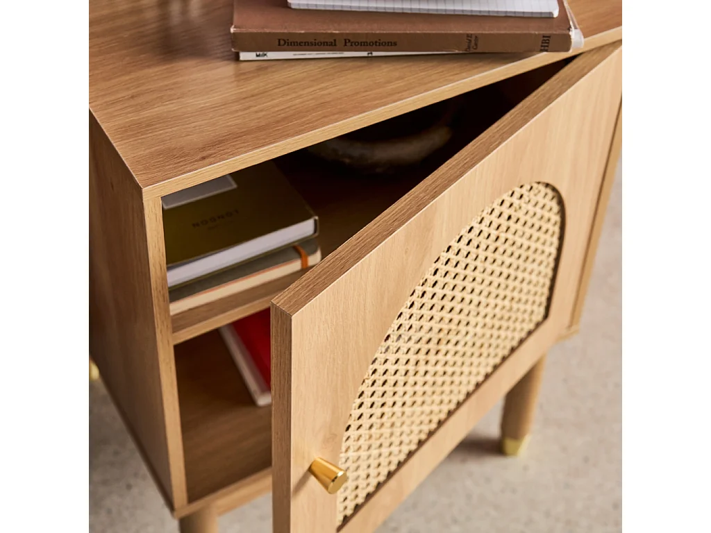 Lot de 2 tables de chevet bohème bois et cannage naturel 1 porte 45 x 40 x 60 cm - Judith