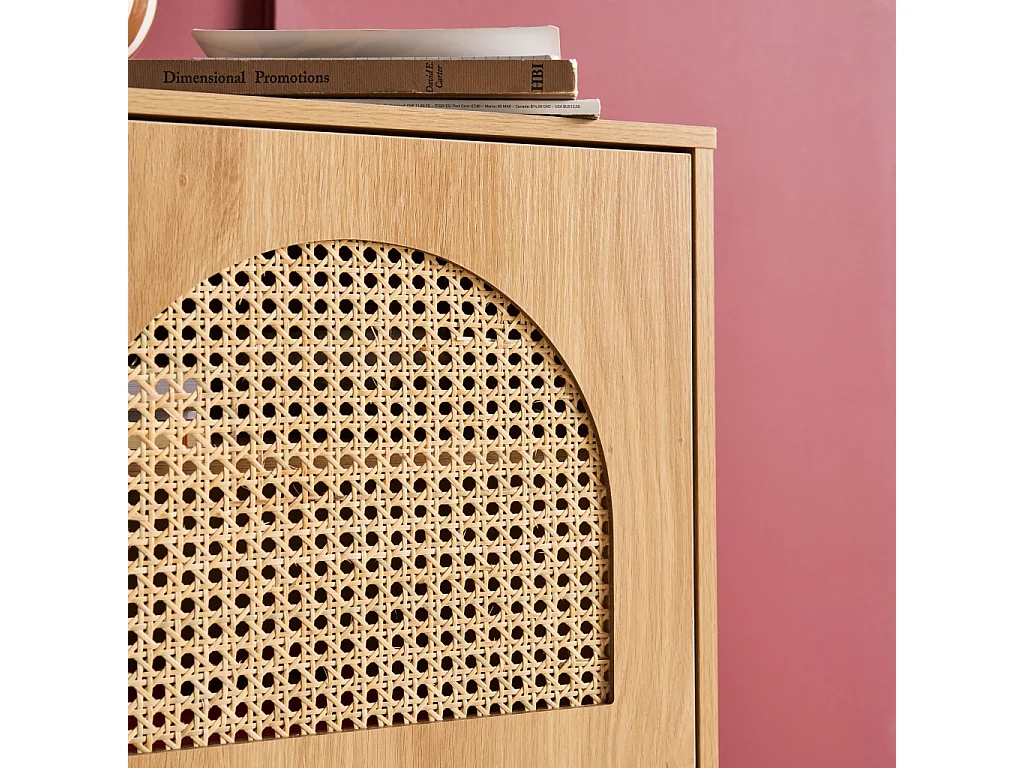 Lot de 2 tables de chevet bohème bois et cannage naturel 1 porte 45 x 40 x 60 cm - Judith