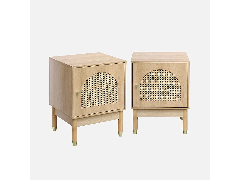 Lot de 2 tables de chevet bohème bois et cannage naturel 1 porte 45 x 40 x 60 cm - Judith