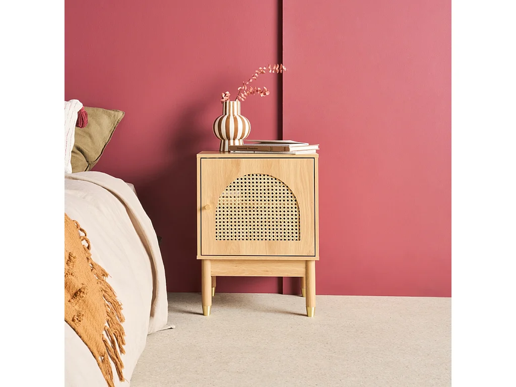 Table de chevet bohème bois et cannage naturel 1 porte 45 x 40 x 60 cm - Judith