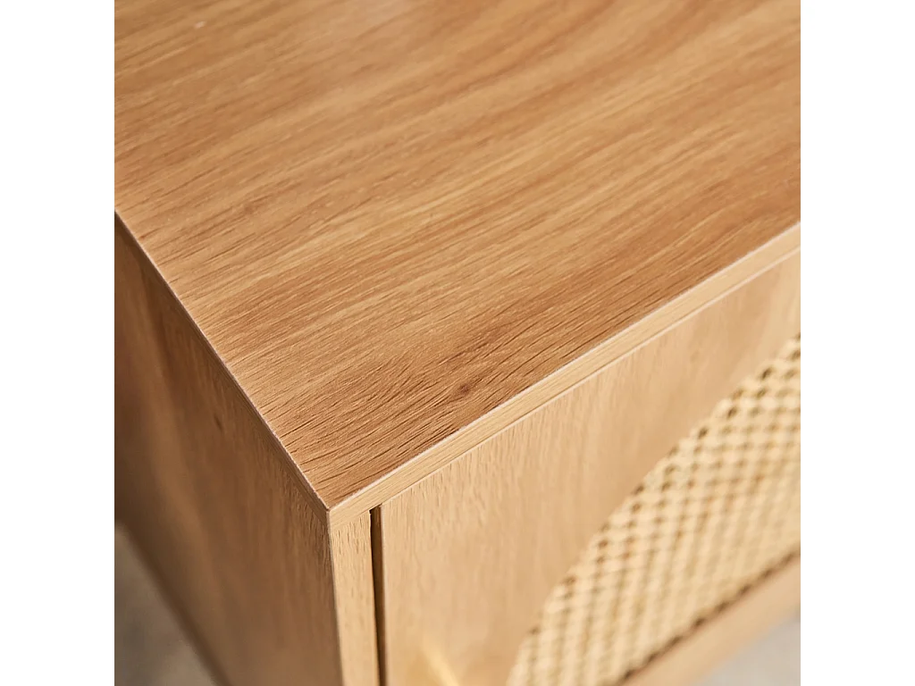 Table de chevet bohème bois et cannage naturel 1 porte 45 x 40 x 60 cm - Judith