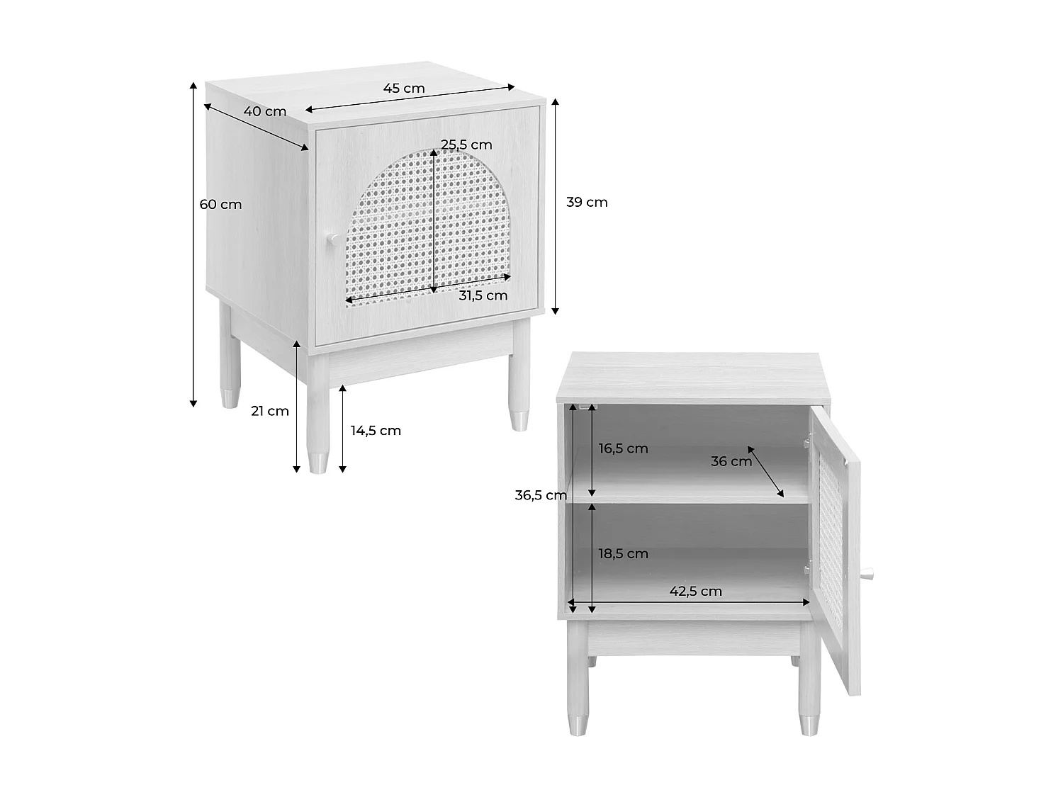 Table de chevet bohème bois et cannage naturel 1 porte 45 x 40 x 60 cm - Judith