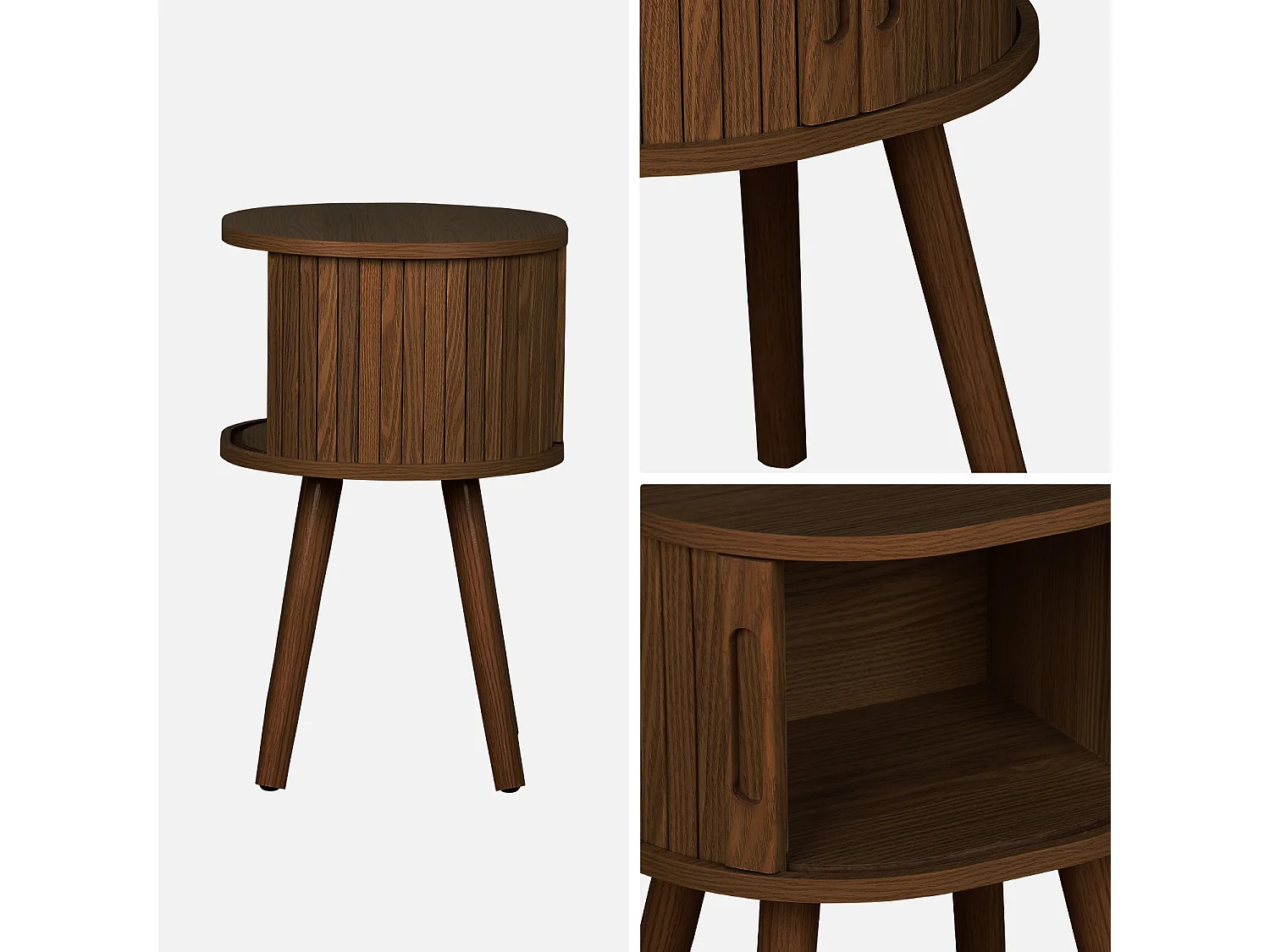 Mesita ovalada escandinava con efecto madera ranurada, 2 puertas