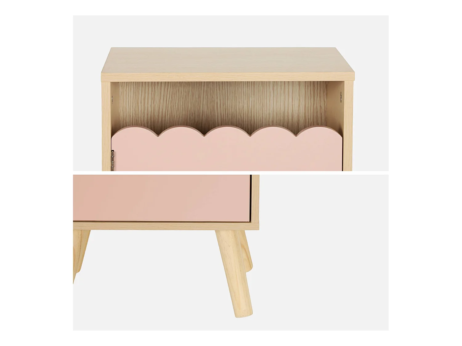 Table de chevet enfant décor bois rose 1 porte. pieds bois de pin - 34 x 23.5 x 52 cm  - Azur