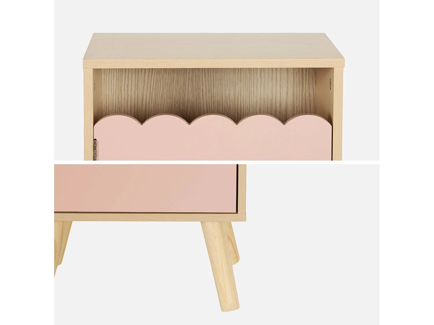 Table de chevet enfant décor bois rose 1 porte. pieds bois de pin - 34 x 23.5 x 52 cm  - Azur