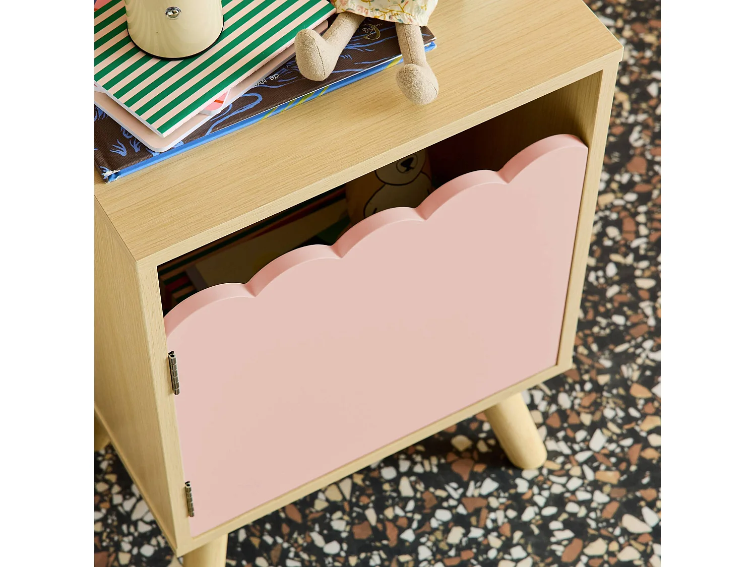 Comodino per bambini decorazione legno 1 anta, rosa