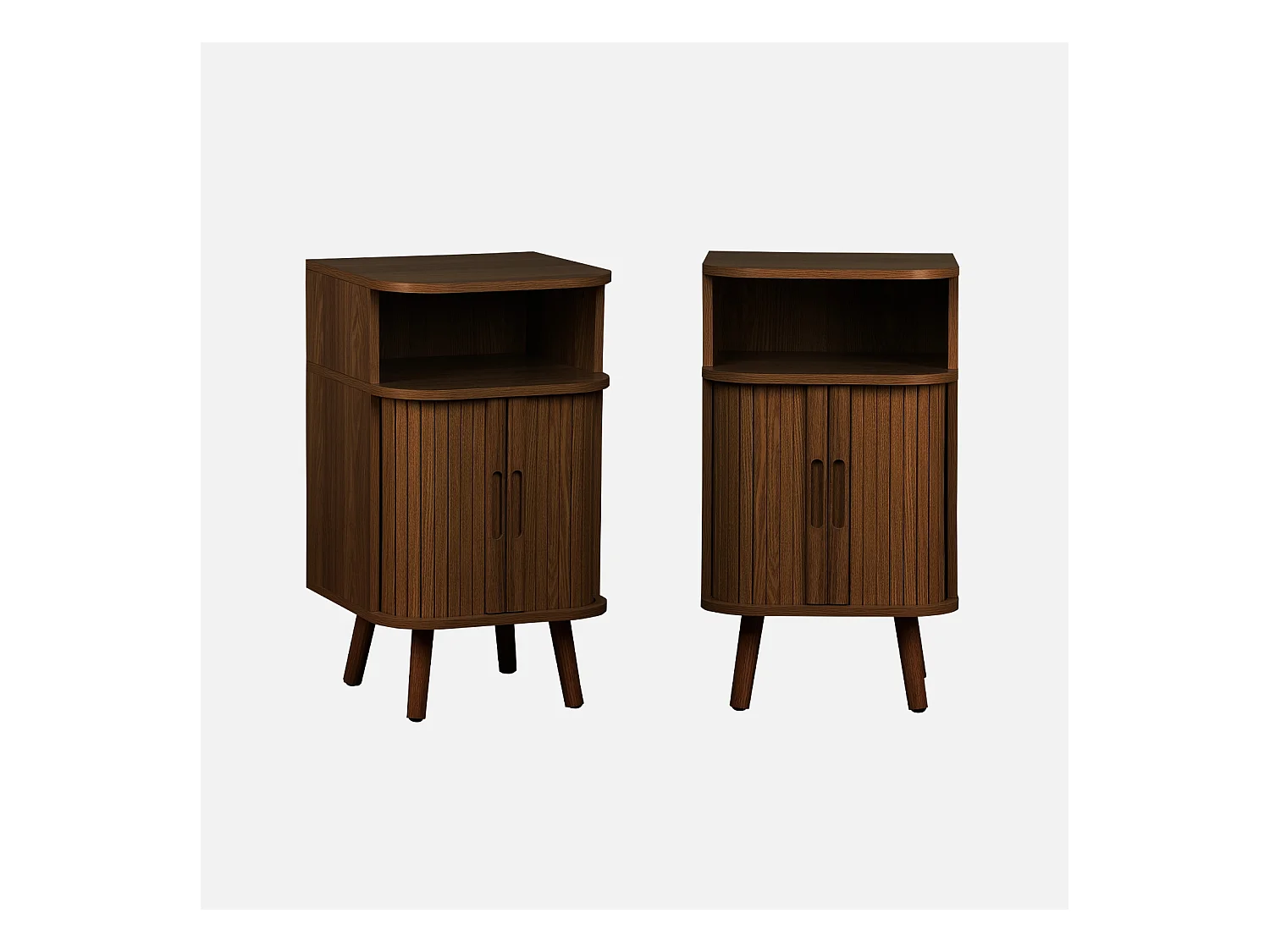 Lot de 2 tables de chevet 2 portes coulissantes + 1 niche effet bois rainuré noyer. L 40 x P 40 x H 70cm