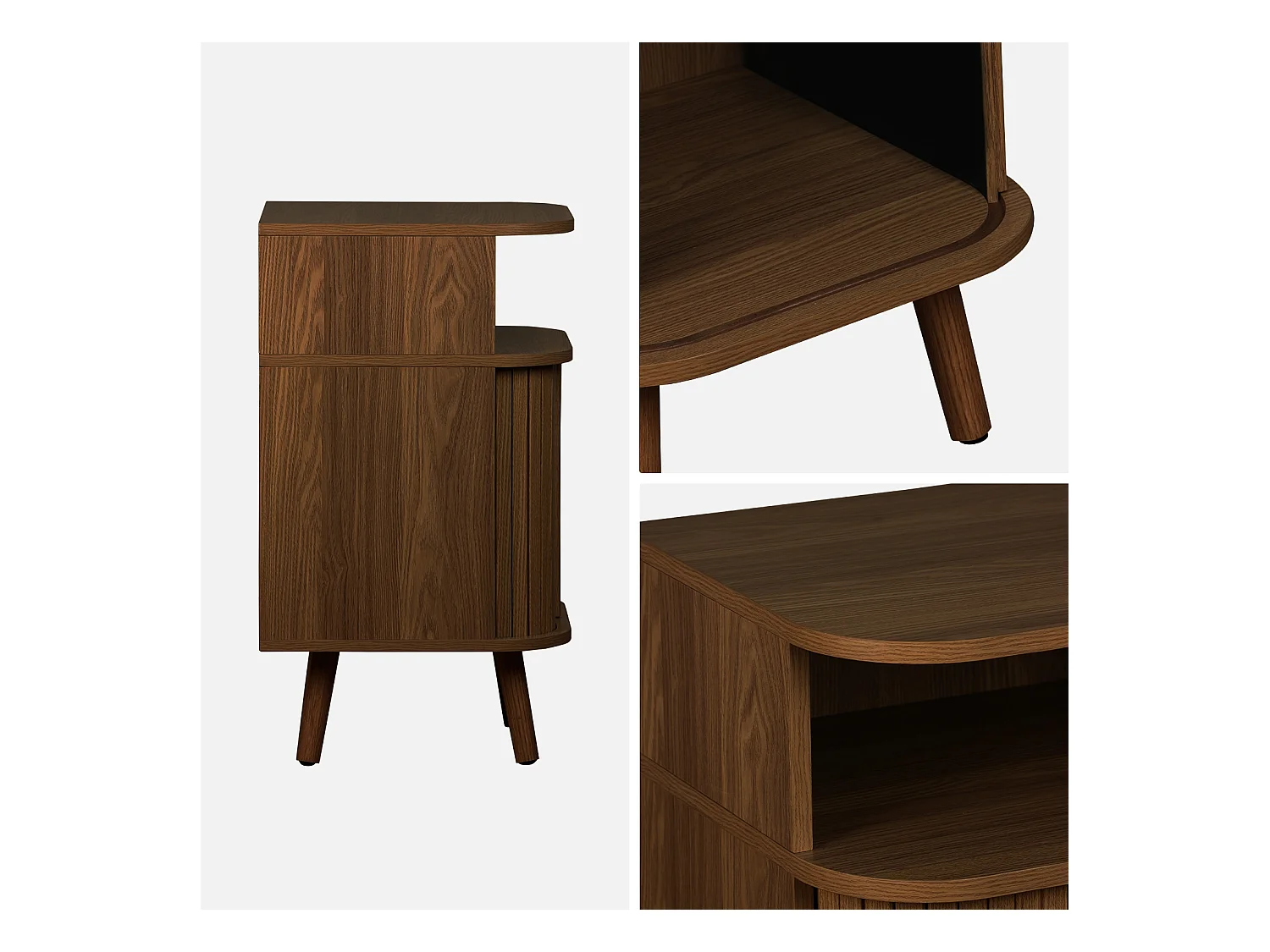 Lot de 2 tables de chevet 2 portes coulissantes + 1 niche effet bois rainuré noyer. L 40 x P 40 x H 70cm