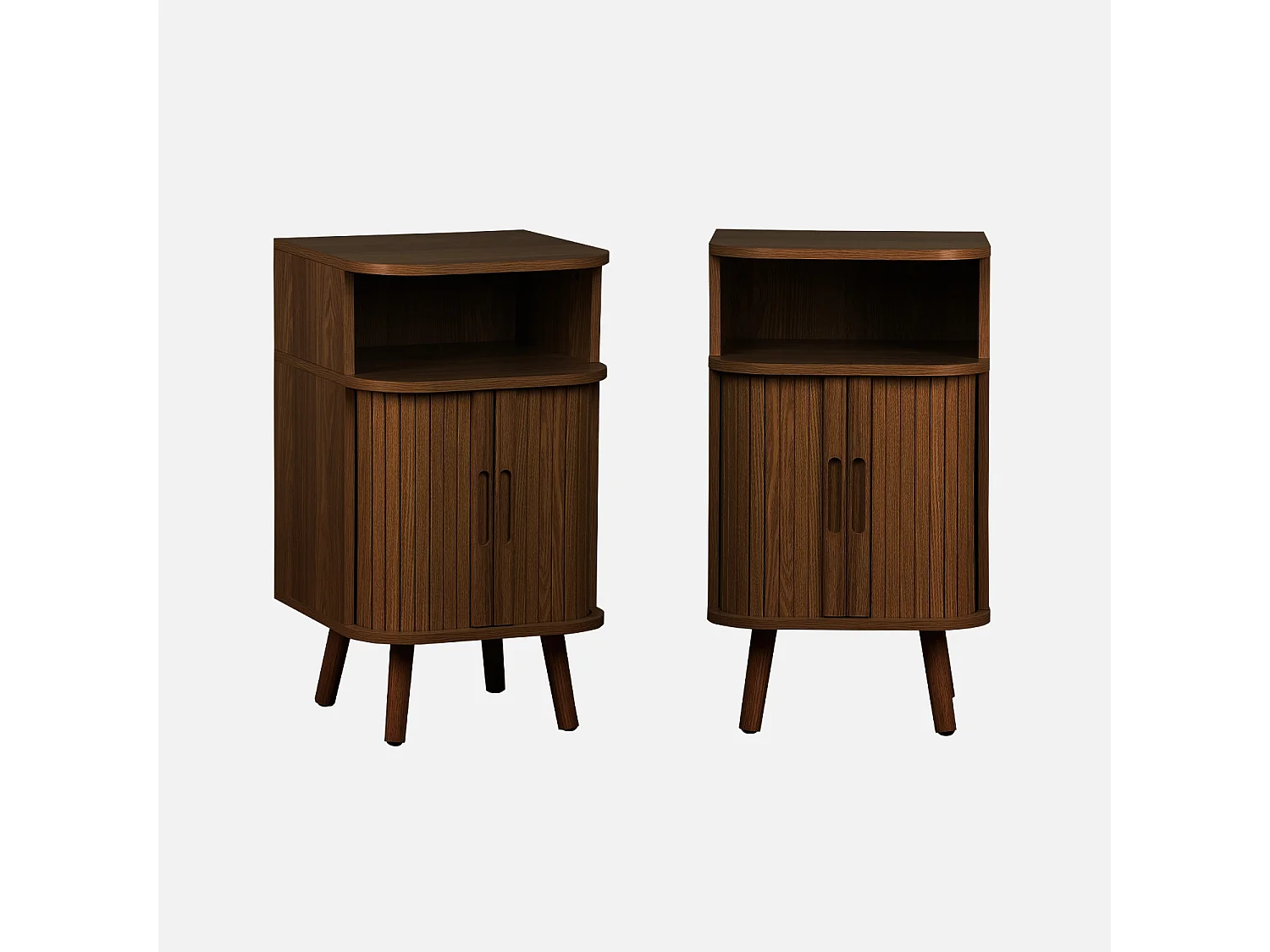 Lot de 2 tables de chevet 2 portes coulissantes + 1 niche effet bois rainuré noyer. L 40 x P 40 x H 70cm