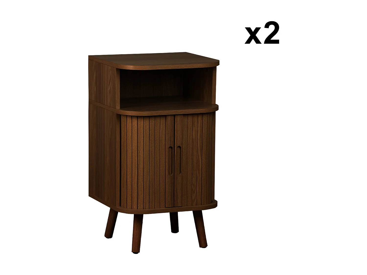 Lot de 2 tables de chevet 2 portes coulissantes + 1 niche effet bois rainuré noyer. L 40 x P 40 x H 70cm