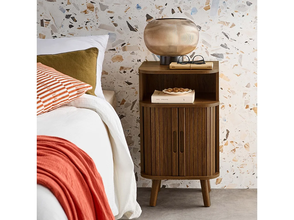 Comodino scandinavo decorazione legno 2 ante scorrevoli, noce