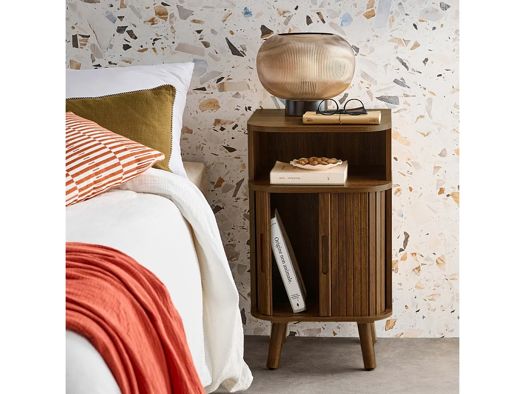 Comodino scandinavo decorazione legno 2 ante scorrevoli, noce