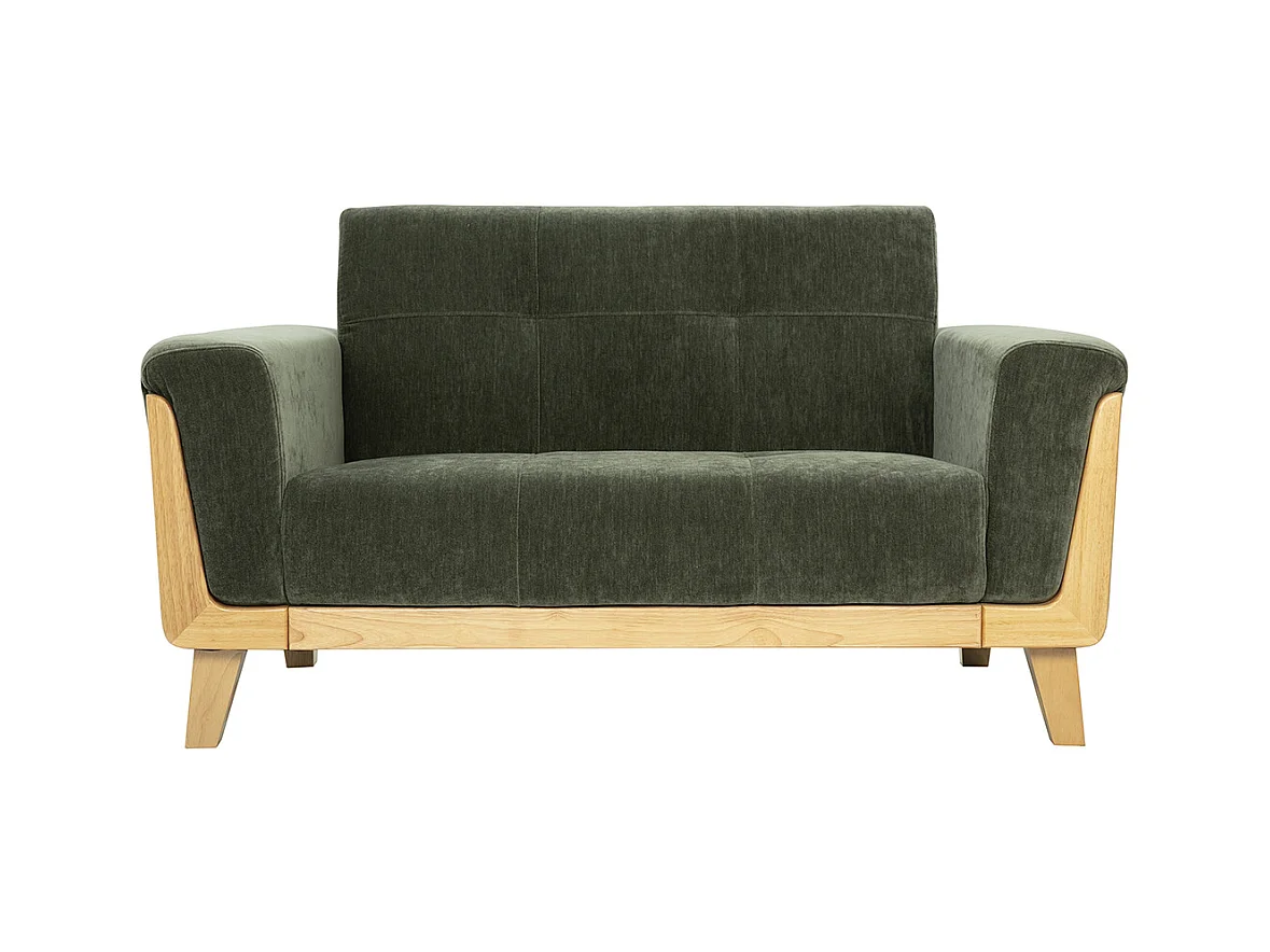 Canapé scandinave 2 places en tissu effet velours vert kaki et bois clair FJORD