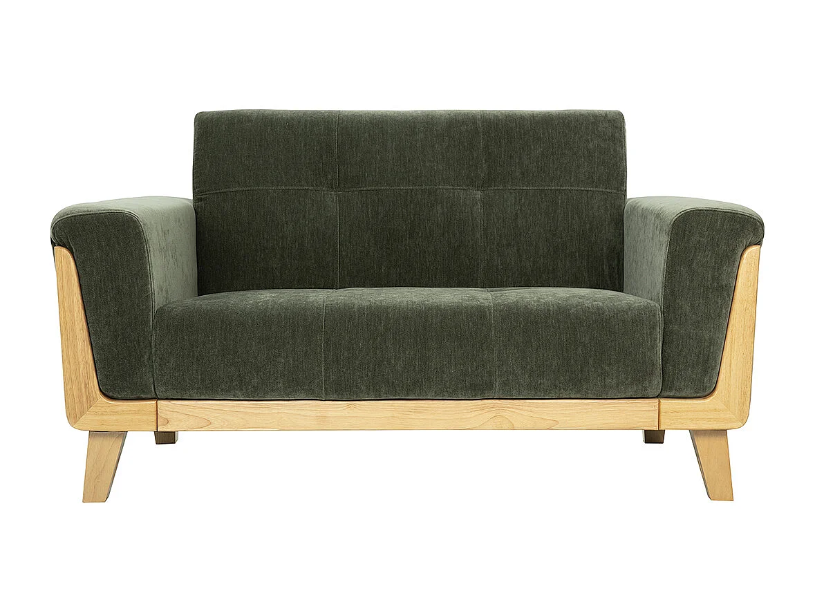 Canapé scandinave 2 places en tissu effet velours vert kaki et bois clair FJORD