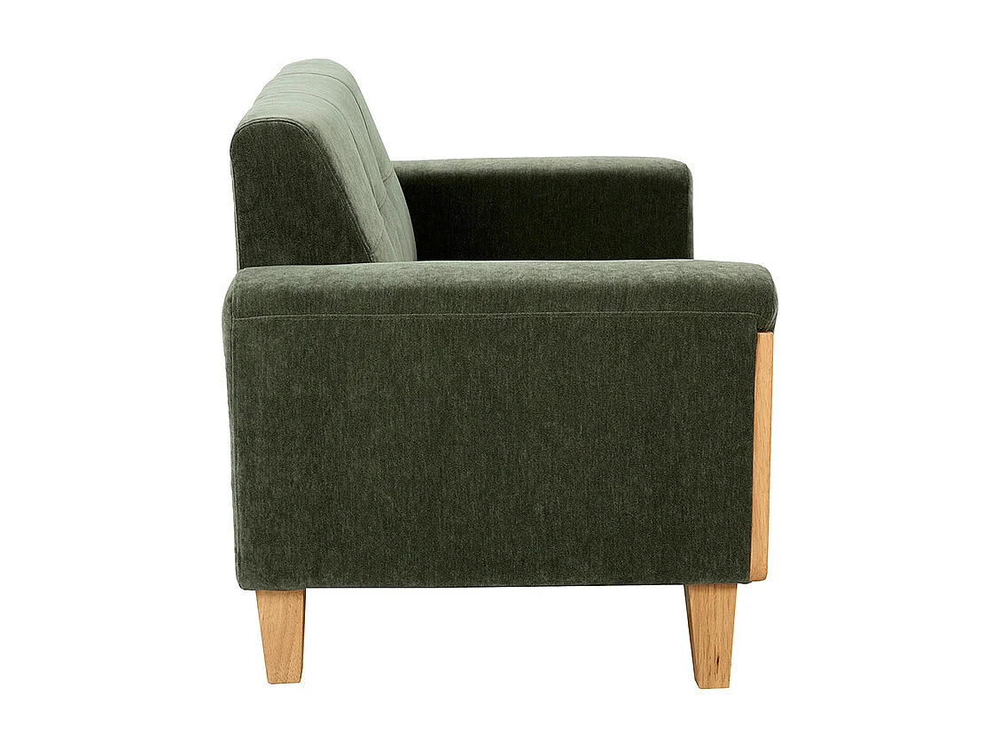 Canapé scandinave 2 places en tissu effet velours vert kaki et bois clair FJORD