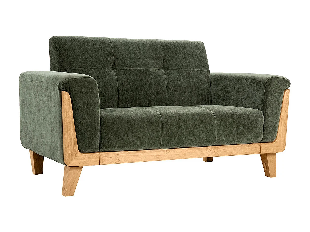 Sofá escandinavo de 2 plazas en tela de terciopelo verde caqui y madera clara FJORD