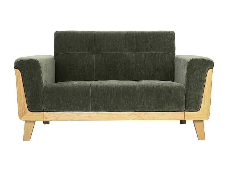 Canapé scandinave 2 places en tissu effet velours vert kaki et bois clair FJORD