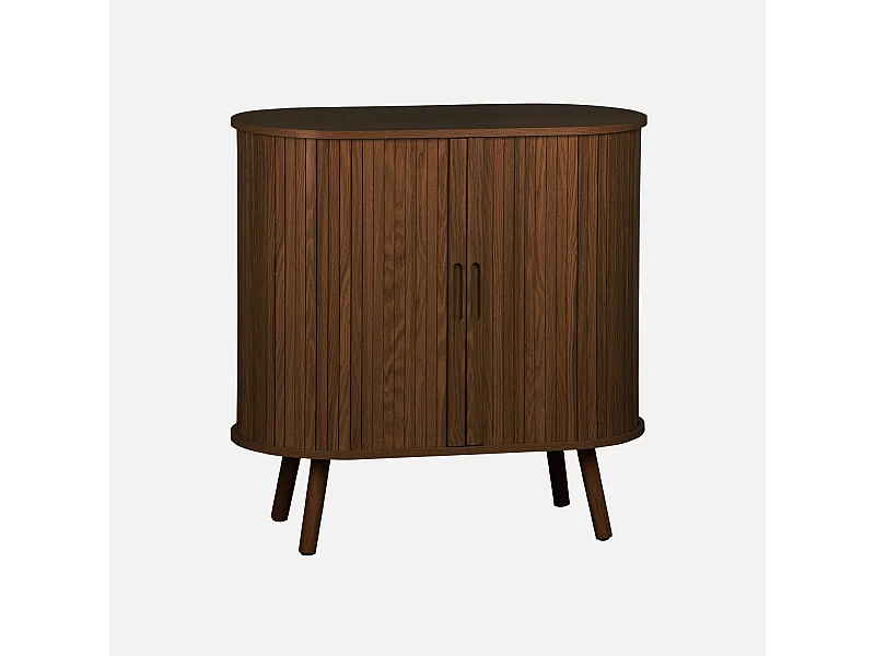 Buffet portes 2 coulissantes avec étagère. décor bois rainuré. buffet bas. L 80 x P 40 x H 80cm