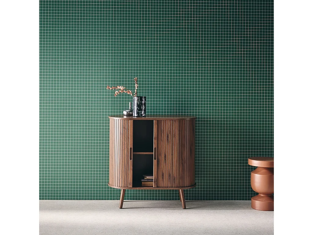 Buffet portes 2 coulissantes avec étagère. décor bois rainuré. buffet bas. L 80 x P 40 x H 80cm