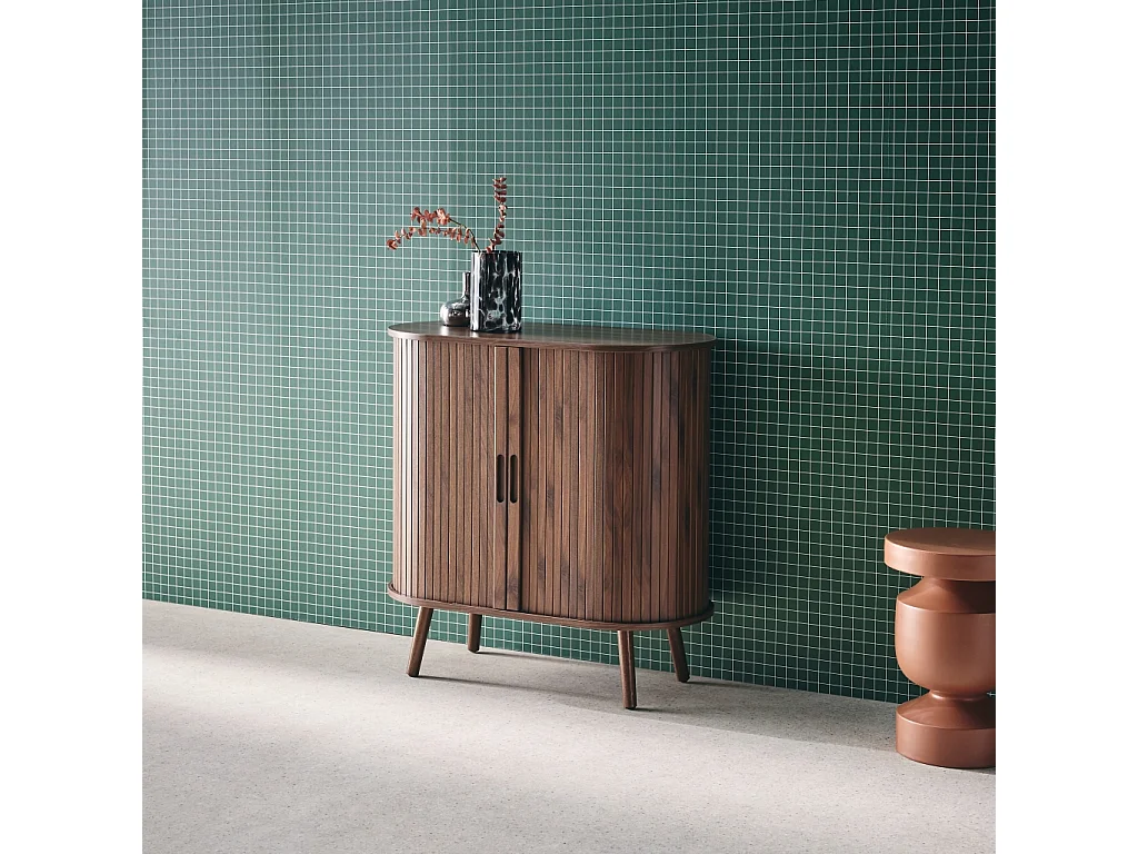 Buffet portes 2 coulissantes avec étagère. décor bois rainuré. buffet bas. L 80 x P 40 x H 80cm